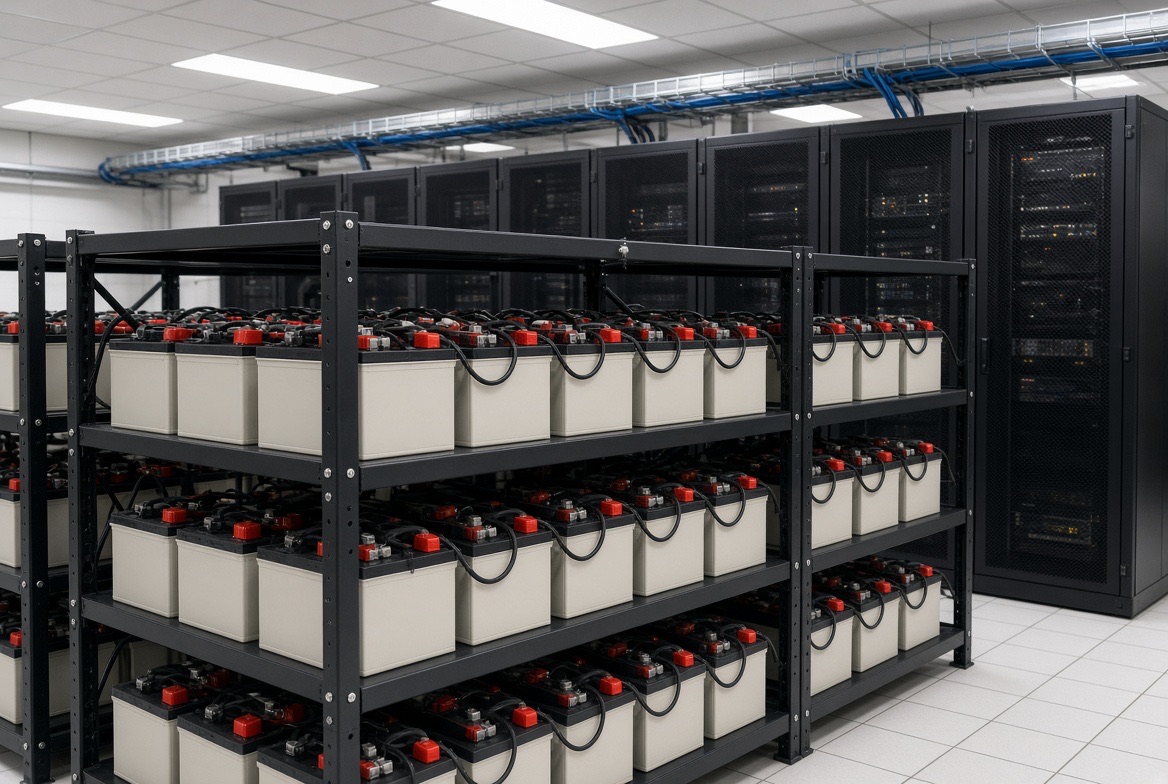 Battery room: rows of battery blocks on steel racks, cabled in series, beside server cabinets with a cable tray overhead