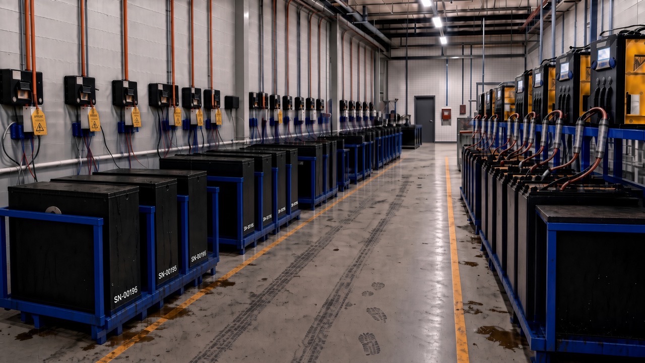 Forklift battery charging room: traction batteries on steel stands lining both sides of an aisle, with wall-mounted chargers and cabling above