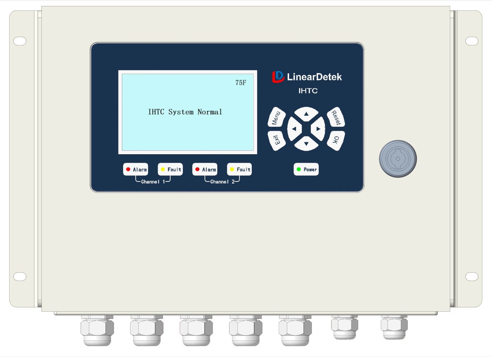 IHTC control unit — wall-mount enclosure with LCD status display reading 'IHTC System Normal', per-channel alarm and fault indicators, and sealed cable glands